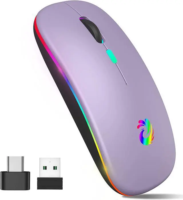 Main image of LED Wireless Mouse, Rechargeable Slim Silent Mice 2.4G Portable Office Optical Mouse with USB Receiver and Type-C Adapter, 3 Adjustable DPI for Laptop, Computer, PC, Notebook, Desktop (Light Purple)
