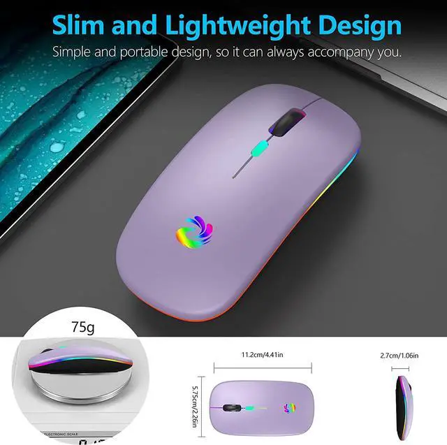 Alt view image 5 of 7 - LED Wireless Mouse, Rechargeable Slim Silent Mice 2.4G Portable Office Optical Mouse with USB Receiver and Type-C Adapter, 3 Adjustable DPI for Laptop, Computer, PC, Notebook, Desktop (Light Purple)