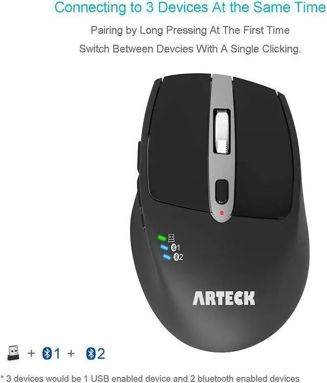 Alt view image 2 of 7 - Arteck Multi-Device Wireless Bluetooth Mouse with Nano USB Receiver Ergonomic Right Hand Silent Clicking for Computer Desktop PC Laptop Mac iPad and Windows 10/8 iPad OS Build in Rechargeable Battery
