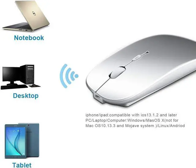 Alt view image 4 of 6 - Bluetooth Mouse for Mac/Laptop/iPad/iPhone/Android PC Rechargable Quiet Slim Wireless Mice Compatible with OS/Windows/Linux/Tablet/MacBook Pro/MacBook Air Silver