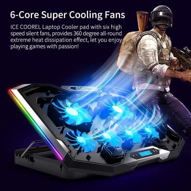 Alt view image 2 of 7 - ICE COOREL Gaming Laptop Cooling Pad 15-17.3 Inch with 6 Cooling Fans, Cooling Stand with 6 Height Adjustable, Laptop Cooler with RGB Light, LCD Screen, 2 USB Ports, Phone Stand