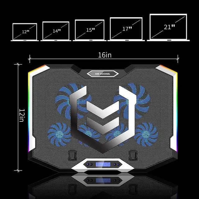 Alt view image 7 of 7 - ICE COOREL Gaming Laptop Cooling Pad 15-17.3 Inch with 6 Cooling Fans, Cooling Stand with 6 Height Adjustable, Laptop Cooler with RGB Light, LCD Screen, 2 USB Ports, Phone Stand