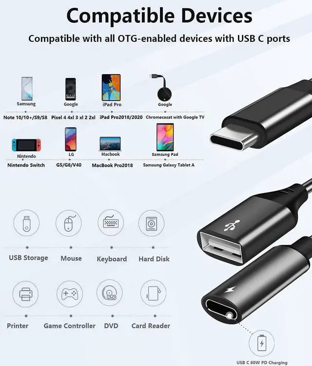 Alt view image 5 of 7 - USB C OTG Adapter with Power USB C to USB Female with 60W PD Charging OTG Adapter for Samsung S21/S20/S20+/Note 10+ iPad Pro Google Chromecast with Google TV Android LG V40 30 Dell XPS-2 Pack