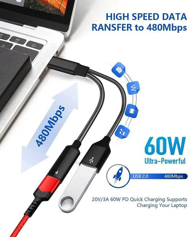 Alt view image 6 of 7 - USB C OTG Adapter with Power USB C to USB Female with 60W PD Charging OTG Adapter for Samsung S21/S20/S20+/Note 10+ iPad Pro Google Chromecast with Google TV Android LG V40 30 Dell XPS-2 Pack