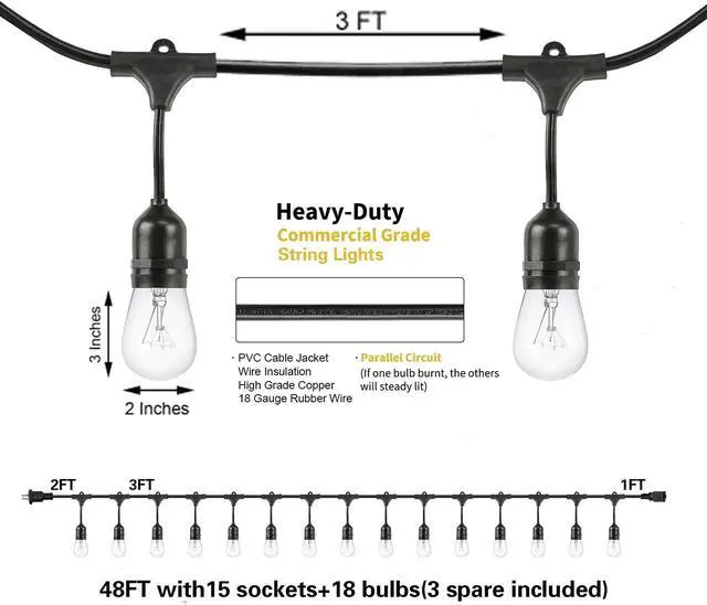 Alt view image 2 of 6 - SUNTHIN 2 Pack 48FT Outdoor String Lights,Hanging Incandescent String Lights Commercial Grade Waterproof Patio Light Outside with Dimmable Connectable Edison Glass Bulbs for Bistro,Party,Holiday Decor
