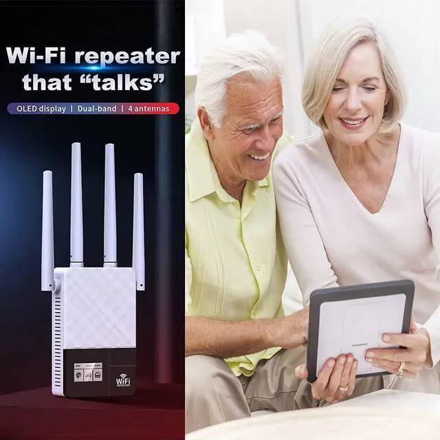 Alt view image 2 of 6 - WiFi Extender Screen Display and Signal Amplifier,Wall-Through Strong WiFi Booster 1200Mbps Cover up to 8000 Sq.ft Full Coverage, Wireless Internet Repeater with Ethernet Port one