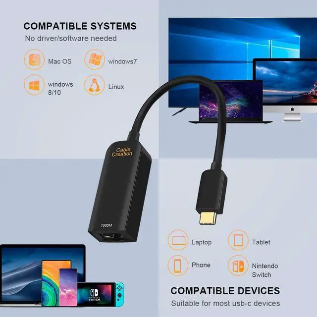 Alt view image 4 of 6 - CableCreation USB C Ethernet Adapter for Nintendo Switch, USB Type C to RJ45 Gigabit Network for Windows/macOs/Linux/Laptop/PC/Cellphone Compatible with MacBook Pro, Galaxy S20