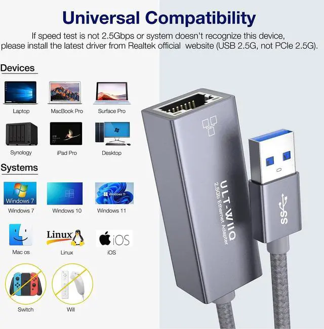 Alt view image 7 of 7 - USB 2.5Gb Ethernet Adapter, USB 3.0 to 2.5 Gigabit RJ45 LAN Network Adapter Cable, 10/100/1000/2500M Full Speed NIC for Mac OS, iOS, Windows, Linux, Dell XPS, Thinkpad X, Synology NAS, PC