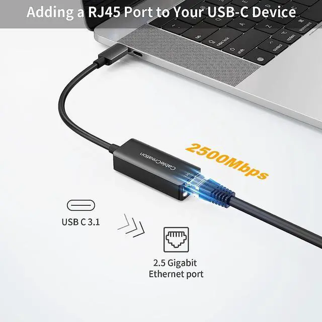 Alt view image 2 of 7 - CableCreation USB C to 2.5G Ethernet Adapter, USB C 3.1 to RJ45 2.5 Gigabit LAN Thunderbolt 3, Compatible with MacBook Pro MacBook Air iPad Pro Surface Pro 7 Dell XP15 13 Chromebook Windows Mac OS