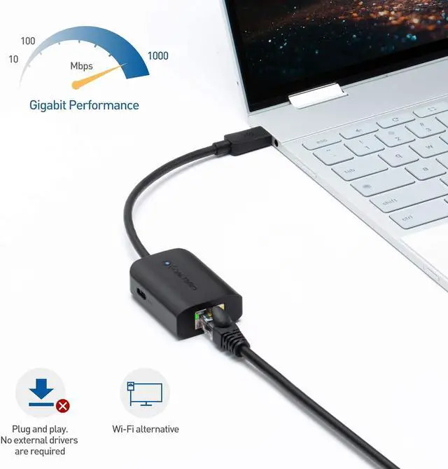 Alt view image 4 of 7 - Cable Matters USB C to Gigabit Ethernet Adapter with 100W Charging Compatible with MacBook Pro, Dell XPS, Surface Pro - Up to 480Mbps for Chromecast with Google TV (Google TV Chromecast 2020 Version)