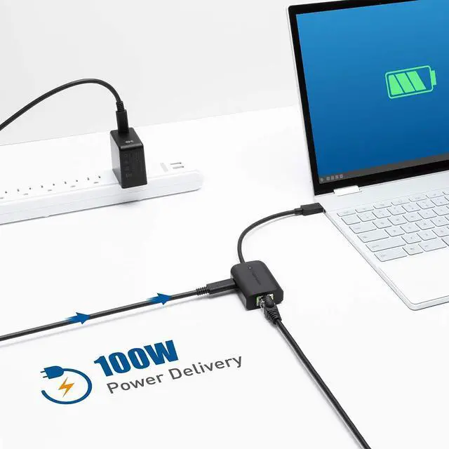 Alt view image 5 of 7 - Cable Matters USB C to Gigabit Ethernet Adapter with 100W Charging Compatible with MacBook Pro, Dell XPS, Surface Pro - Up to 480Mbps for Chromecast with Google TV (Google TV Chromecast 2020 Version)