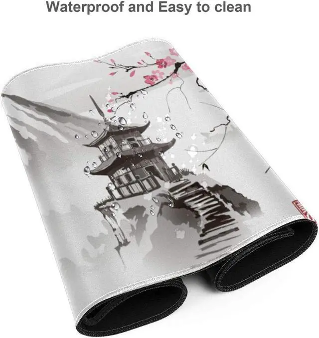 Alt view image 4 of 5 - Japanese Cherry Blossom White Gaming Mouse Pad XL, Extended Large Mouse Mat Desk Pad, Stitched Edges Mousepad, Long Nonslip Rubber Base Mice Pad, 31.5 X 11.8 Inch