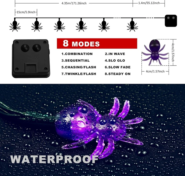 Alt view image 4 of 6 - Solar Halloween String Lights,2 Pack 30 LED Spider Lights Each,