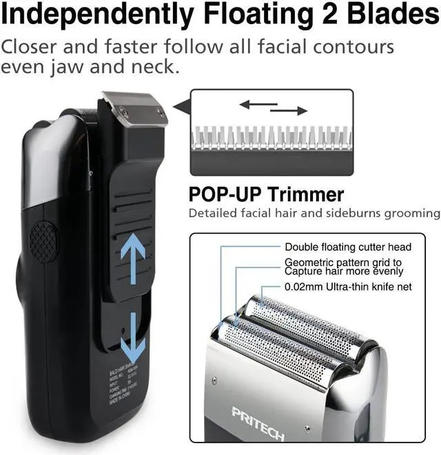 Alt view image 3 of 6 - PRITECH Foil and Bald Shavers 2 in 1 Electric Shaver for Men Foil Blade and PopupTrimmer with Rechargeable 3 Adjustable Speeds Men's Shaver (Black Silver)