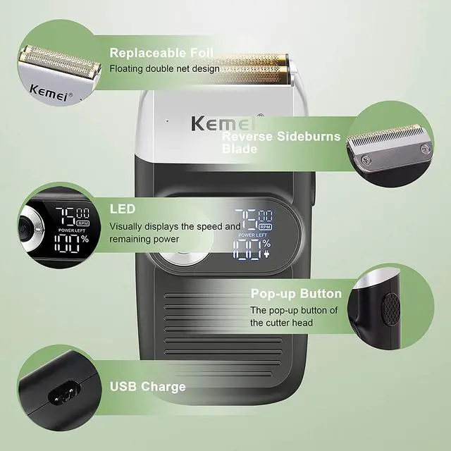 Alt view image 3 of 7 - Kemei Foil Professional Electric Shaver for Men Razor with Bald Trimmer Cordless Shavers Rechargeble LED Display 2 in 1