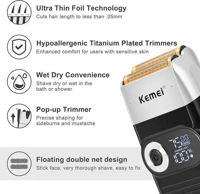 Alt view image 4 of 7 - Kemei Foil Professional Electric Shaver for Men Razor with Bald Trimmer Cordless Shavers Rechargeble LED Display 2 in 1