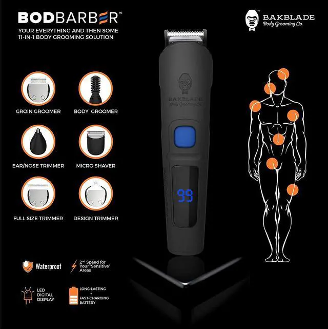 Alt view image 2 of 6 - baKblade 11-in-1 Mens Grooming Kit for Manscaping - BODBARBER - Electric Beard Trimmer for Men, Groin Groomer, Body Groomer, Nose & Ear Groomer - Cordless & Waterproof Hair Clippers - Men Gift Set
