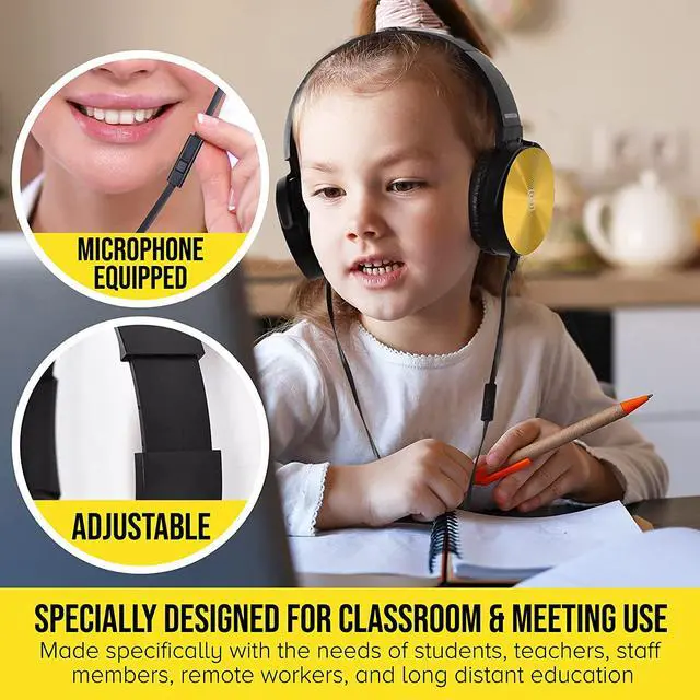 Alt view image 2 of 7 - Premium Classroom Headphone with Microphone (5 Pack) - Kids Wired Earphones with Mic for School Students K-12 & Teachers, Soft Swivel On Ear Pads- Perfect for E-Learning, Meetings, Calls -(Colorful)