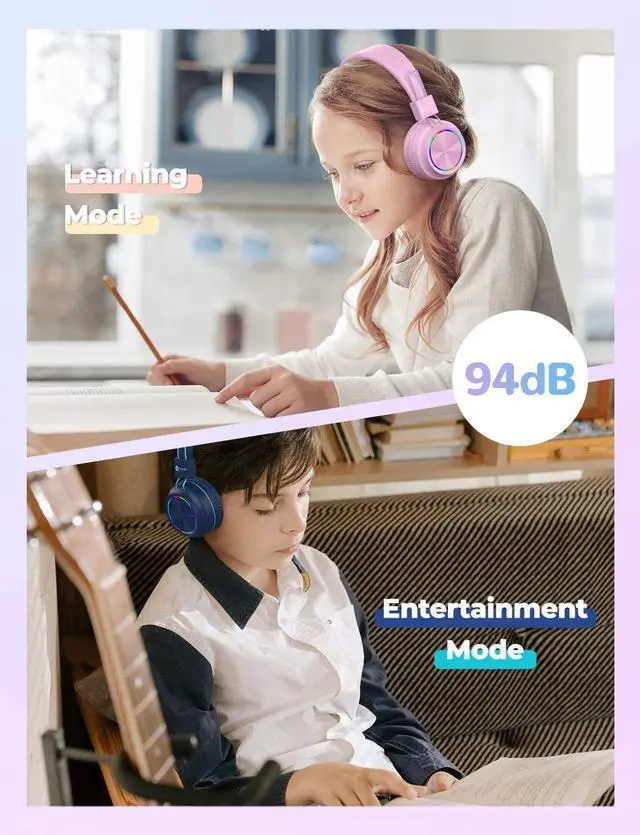 Alt view image 2 of 6 - [2 Pack] iClever BTH03 Kids Wireless Headphones - Colorful Lights Headphones for Kids with MIC, Volume Control Online Schooling - Children Headsets on Ear for School iPad Tablet Airplane, Blue/Pink