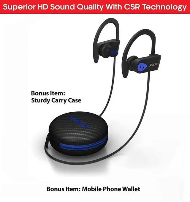 Alt view image 2 of 7 - Senso Bluetooth Headphones, Best Wireless Sports Earphones w/Mic IPX7 Waterproof HD Stereo Sweatproof Earbuds for Gym Running Workout 8 Hour Battery Noise Cancelling Headsets (Black Blue)