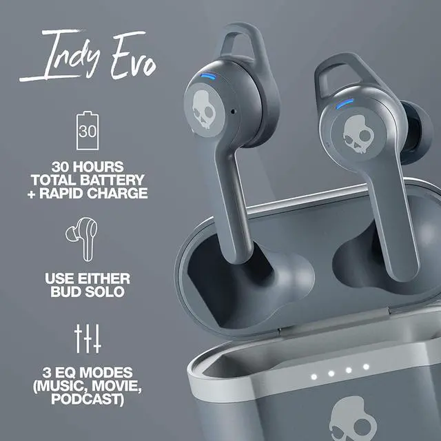 Alt view image 6 of 12 - Skullcandy Indy Evo Grey True Wireless Bluetooth Headphones