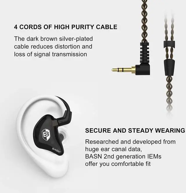 Alt view image 3 of 7 - BASN in Ear Monitor Headphones for Musicians, Bsinger 2nd Generation Sound Isolating Earphones with Dual Dynamic Drivers Detachable MMCX Cable (Black)