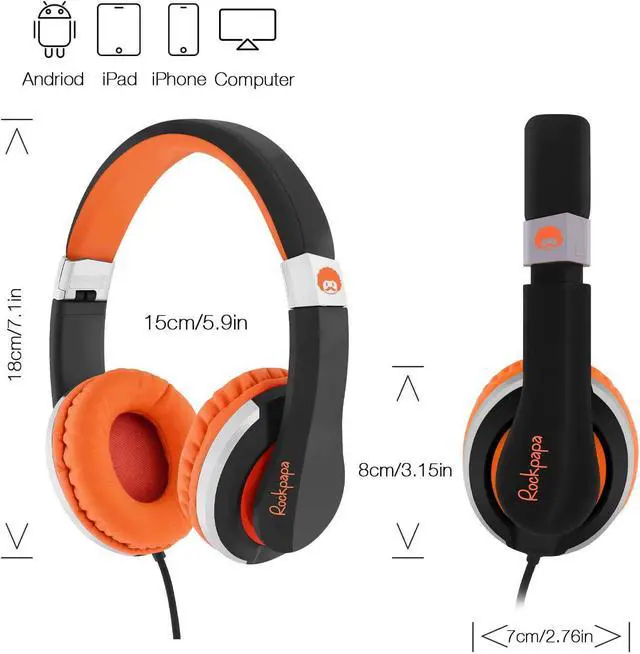 Alt view image 5 of 6 - ROCKPAPA I22 Foldable Adjustable On Ear Headphones Without Microphone for Kids/Adults Laptop Tablet MP3/4 DVD Mobile in Car/Airplane Black/Orange