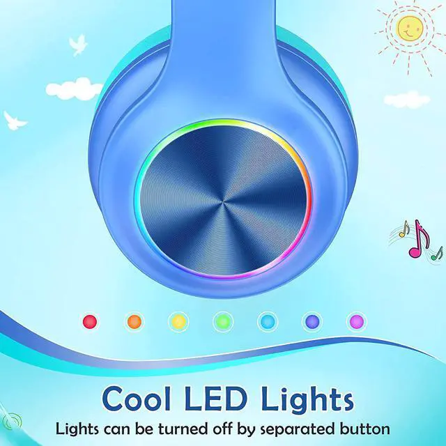 Alt view image 3 of 7 - Bluetcooth Kids Headphones Fit for Aged 3-21, Colorful LED Lights Comfort Wireless Headphones with Microphone 94dB Volume Limited for School/iPad/PC/TV/Cellphones, Wired & TF Card Mode,Blue