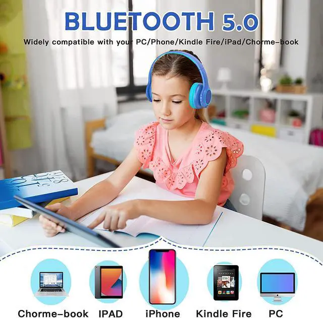 Alt view image 7 of 7 - Bluetcooth Kids Headphones Fit for Aged 3-21, Colorful LED Lights Comfort Wireless Headphones with Microphone 94dB Volume Limited for School/iPad/PC/TV/Cellphones, Wired & TF Card Mode,Blue