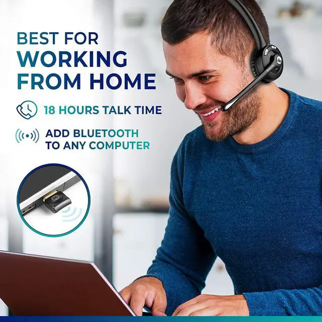 Alt view image 3 of 7 - Trucker Bluetooth Headset Wireless Headphones w/Microphone Headphones for Truck Driver Wireless Over The Head Earpiece with Mic for Skype Call Centers - 18Hrs