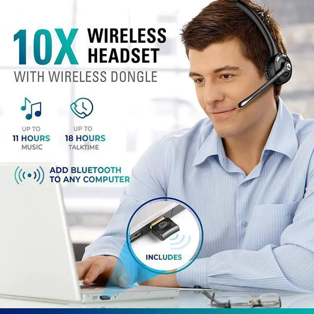 Alt view image 4 of 7 - Trucker Bluetooth Headset Wireless Headphones w/Microphone Headphones for Truck Driver Wireless Over The Head Earpiece with Mic for Skype Call Centers - 18Hrs