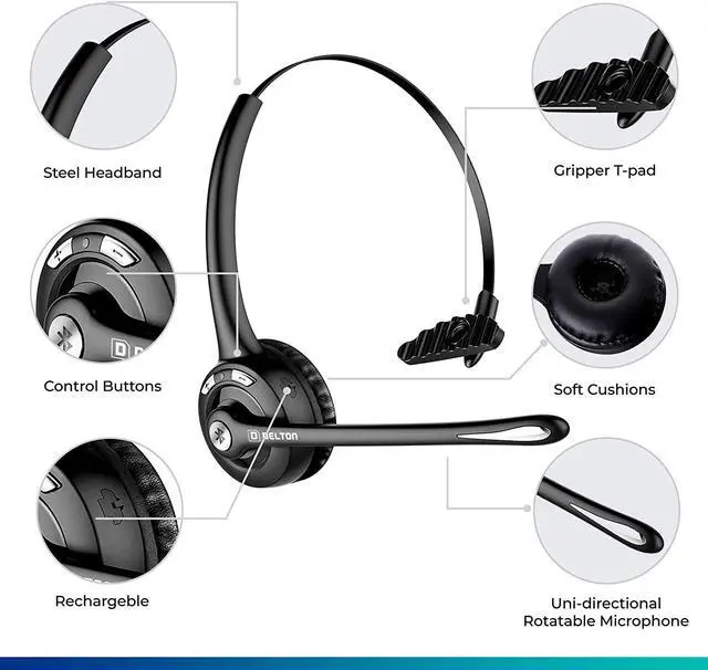 Alt view image 6 of 7 - Trucker Bluetooth Headset Wireless Headphones w/Microphone Headphones for Truck Driver Wireless Over The Head Earpiece with Mic for Skype Call Centers - 18Hrs