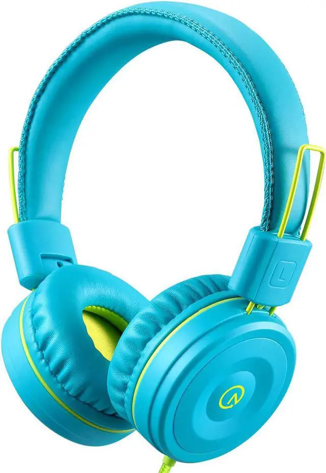 Main image of noot products K22 Kids Headphones Wired 3.5mm Jack, Foldable, Teal/Lime | Stereo Tangle-Free 5ft Long cord, Plug-in, On-Ear Headset for Children, Boys, Girls, iPad, School, Kindle, Travel, Plane