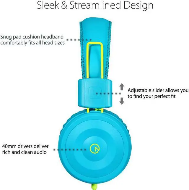 Alt view image 2 of 4 - noot products K22 Kids Headphones Wired 3.5mm Jack, Foldable, Teal/Lime | Stereo Tangle-Free 5ft Long cord, Plug-in, On-Ear Headset for Children, Boys, Girls, iPad, School, Kindle, Travel, Plane