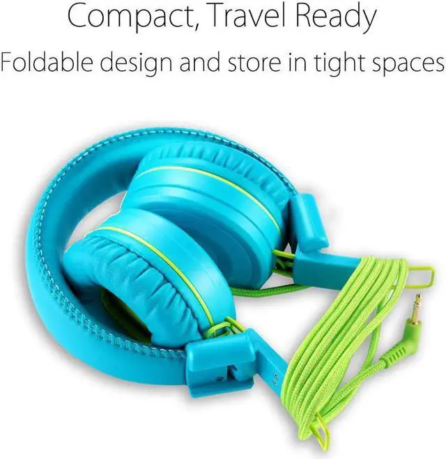 Alt view image 3 of 4 - noot products K22 Kids Headphones Wired 3.5mm Jack, Foldable, Teal/Lime | Stereo Tangle-Free 5ft Long cord, Plug-in, On-Ear Headset for Children, Boys, Girls, iPad, School, Kindle, Travel, Plane