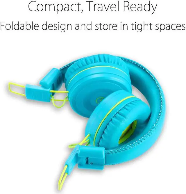 Alt view image 4 of 4 - noot products K22 Kids Headphones Wired 3.5mm Jack, Foldable, Teal/Lime | Stereo Tangle-Free 5ft Long cord, Plug-in, On-Ear Headset for Children, Boys, Girls, iPad, School, Kindle, Travel, Plane