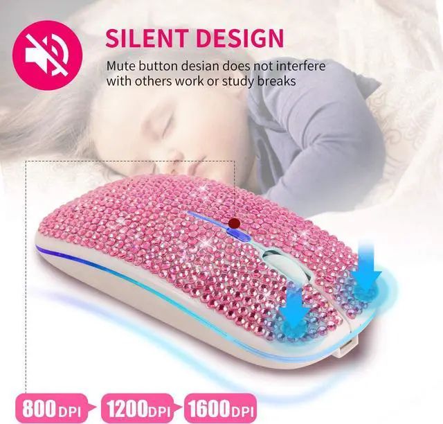 Alt view image 4 of 7 - HXMJ Bling Dazzling Rechargeable 2.4GHz+5.2 Bluetooth Wireless Mouse Covered with Crystal Diamond Rhinestone,RGB Backlit,Great Gift idea for Her (Pink)