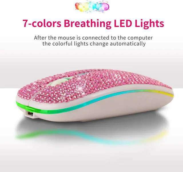 Alt view image 5 of 7 - HXMJ Bling Dazzling Rechargeable 2.4GHz+5.2 Bluetooth Wireless Mouse Covered with Crystal Diamond Rhinestone,RGB Backlit,Great Gift idea for Her (Pink)