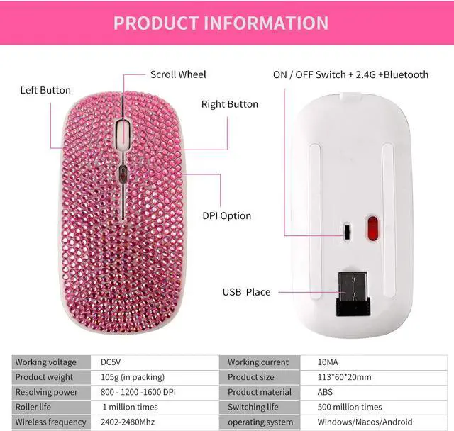 Alt view image 6 of 7 - HXMJ Bling Dazzling Rechargeable 2.4GHz+5.2 Bluetooth Wireless Mouse Covered with Crystal Diamond Rhinestone,RGB Backlit,Great Gift idea for Her (Pink)