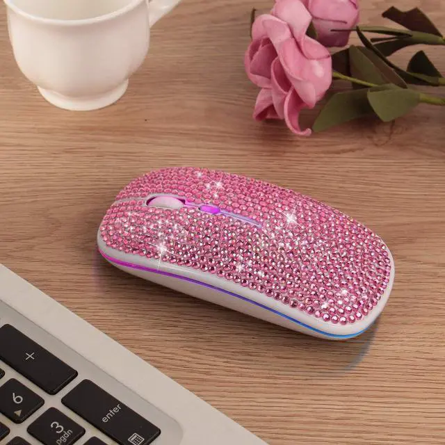 Alt view image 7 of 7 - HXMJ Bling Dazzling Rechargeable 2.4GHz+5.2 Bluetooth Wireless Mouse Covered with Crystal Diamond Rhinestone,RGB Backlit,Great Gift idea for Her (Pink)