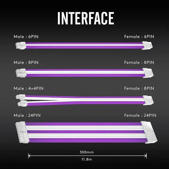 Alt view image 5 of 7 - EZDIY-FAB PSU Cable Extension kit Sleeved Cable Custom Power Supply Sleeved Extension 16 AWG 24-PIN 8-PIN 6-PIN 4+4-PIN with White Combs-White Connector-White and Purple Cable