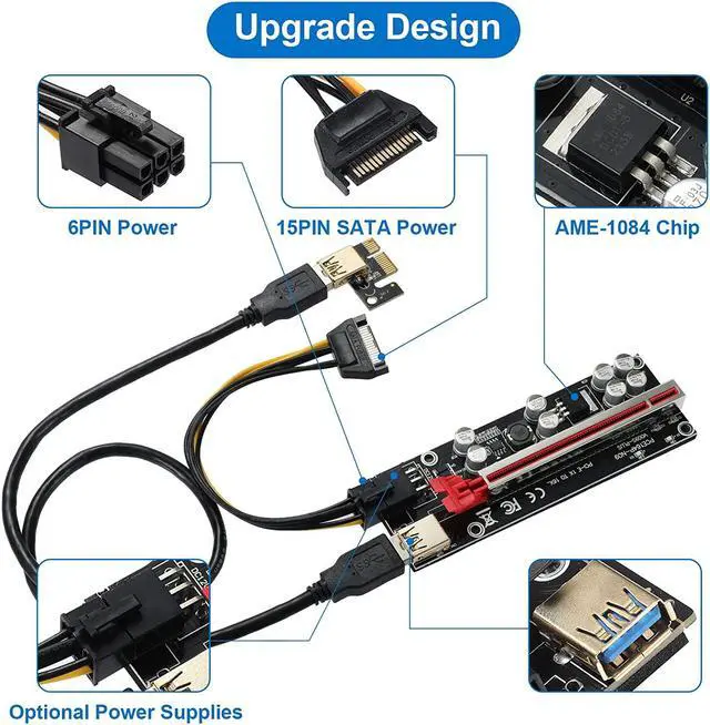 Alt view image 2 of 7 - JKTINK PCI-E 1X to 16X V009S-PLUS Riser Card Graphics Card Extension Cable 6PIN SATA Power Cable 8 Solid Capacitors ETH/GPU Mining Red 1 PCS