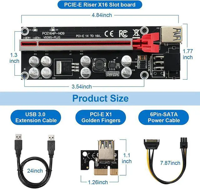 Alt view image 6 of 7 - JKTINK PCI-E 1X to 16X V009S-PLUS Riser Card Graphics Card Extension Cable 6PIN SATA Power Cable 8 Solid Capacitors ETH/GPU Mining Red 1 PCS