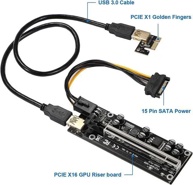Alt view image 3 of 7 - JKTINK PCI-E 1X to 16X V009S-PLUS Riser Card & 6PIN SATA Power Cable PCIe Graphics Card Extension Cable 8 Solid Capacitors Ethereum ETH/GPU Mining Black 1 PCS