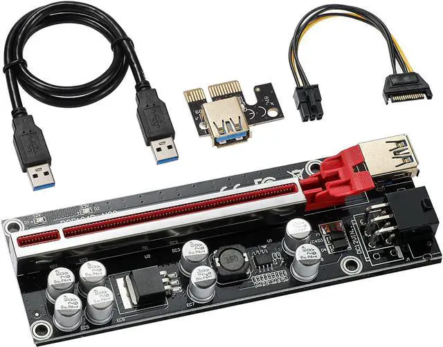 Main image of JKTINK PCI-E 1X to 16X V009S-PLUS Riser Card Graphics Card Extension Cable 6PIN SATA Power Cable 8 Solid Capacitors ETH/GPU Mining Red 1 PCS