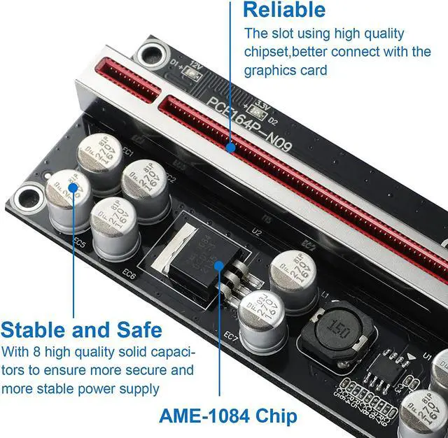 Alt view image 4 of 7 - JKTINK PCI-E 1X to 16X V009S-PLUS Riser Card Graphics Card Extension Cable 6PIN SATA Power Cable 8 Solid Capacitors ETH/GPU Mining Red 1 PCS