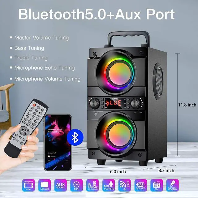 Alt view image 2 of 7 - 60W (80W Peak) Portable Bluetooth Speaker with Double Subwoofer Heavy Bass, Bluetooth 5.0 Wireless 100ft Outdoor Speaker, Support FM Radio, LED Colorful Lights, Stereo Sound, for Home, Party, Travel