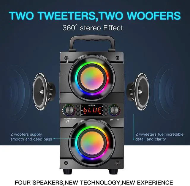 Alt view image 4 of 7 - 60W (80W Peak) Portable Bluetooth Speaker with Double Subwoofer Heavy Bass, Bluetooth 5.0 Wireless 100ft Outdoor Speaker, Support FM Radio, LED Colorful Lights, Stereo Sound, for Home, Party, Travel