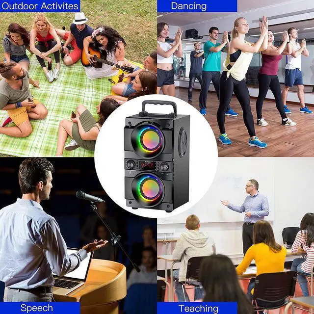 Alt view image 5 of 7 - 60W (80W Peak) Portable Bluetooth Speaker with Double Subwoofer Heavy Bass, Bluetooth 5.0 Wireless 100ft Outdoor Speaker, Support FM Radio, LED Colorful Lights, Stereo Sound, for Home, Party, Travel