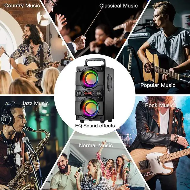 Alt view image 6 of 7 - 60W (80W Peak) Portable Bluetooth Speaker with Double Subwoofer Heavy Bass, Bluetooth 5.0 Wireless 100ft Outdoor Speaker, Support FM Radio, LED Colorful Lights, Stereo Sound, for Home, Party, Travel
